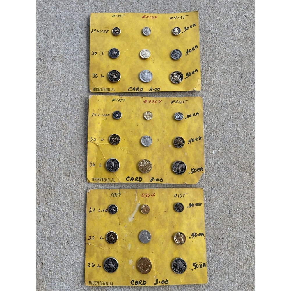 3 Vtg 1976 Bicentennial Button Cards Metal Coin Liberty Bell Buffalo Indian Head